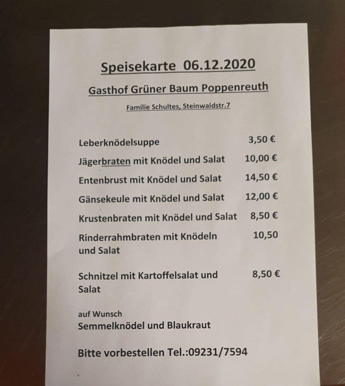 Speisekarte von Gaststätte Grüner Baum restaurant, Waldershof ...