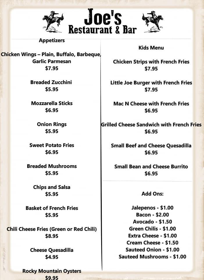 Menu at Joe's Restaurant and Bar, Crawford