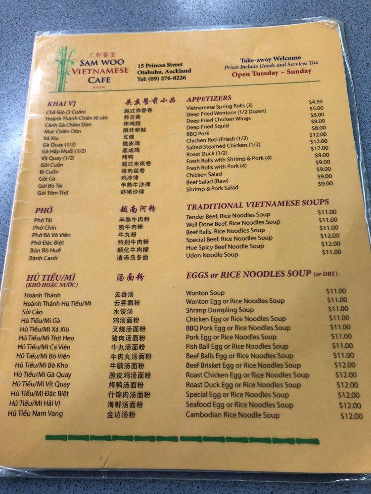 Menu at Samwoo Vietnamese Cafe, Auckland