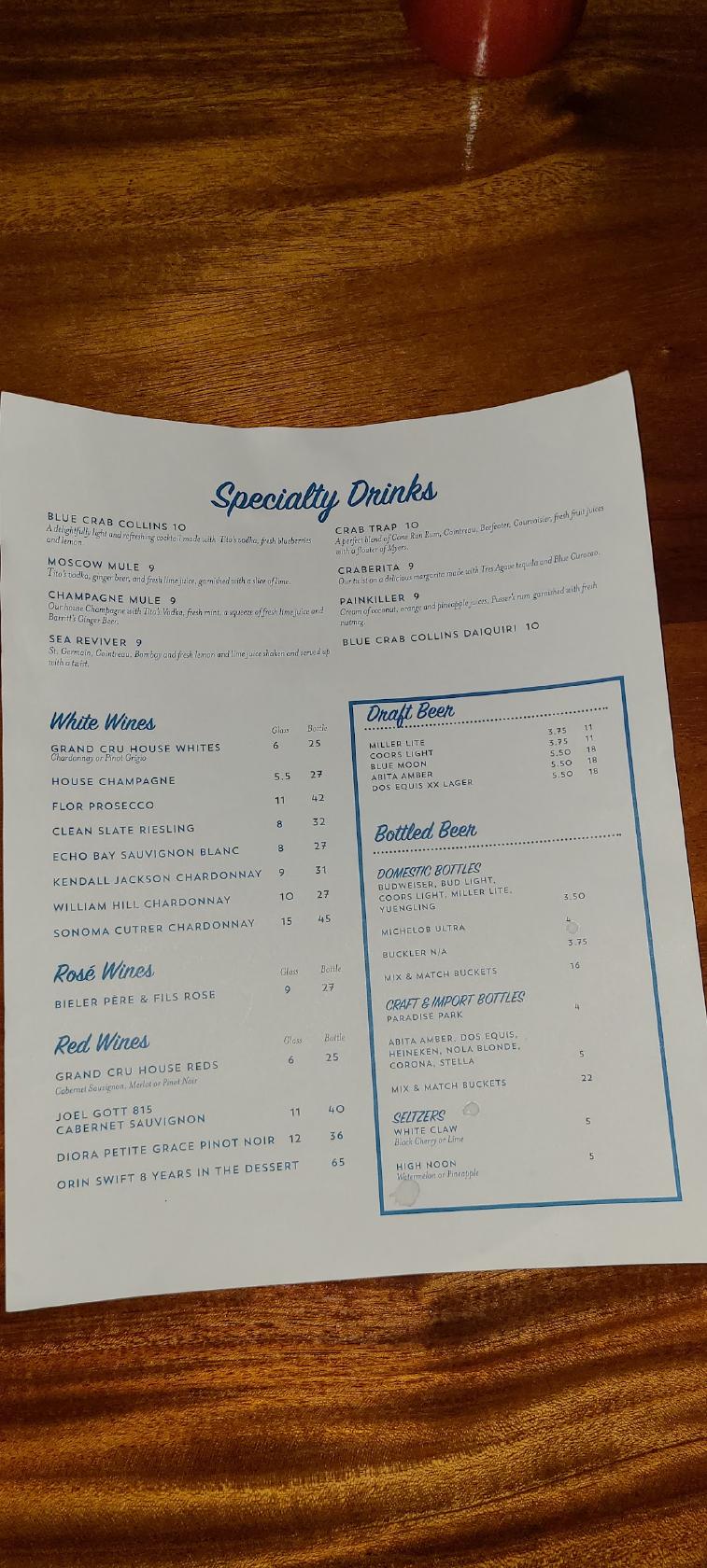 Menu at The Blue Crab Restaurant and Oyster Bar, Slidell