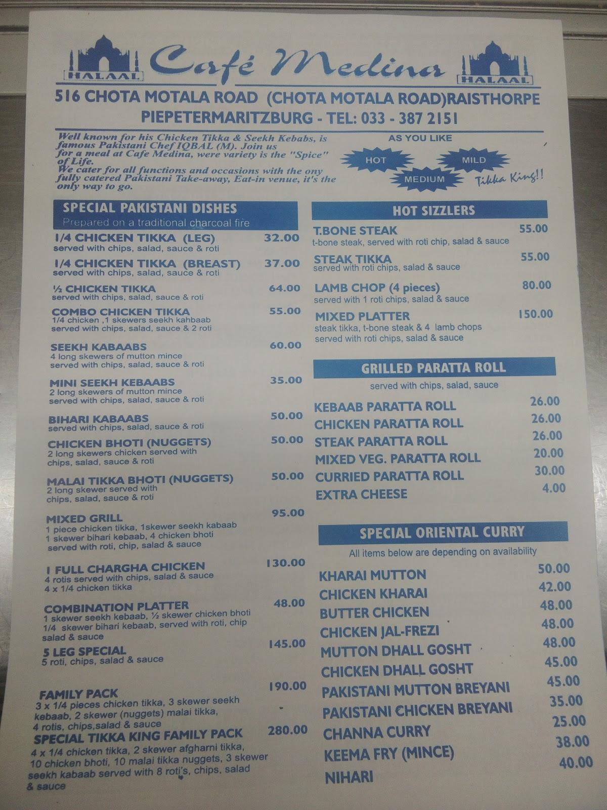 Menu at cafe medina, South Africa