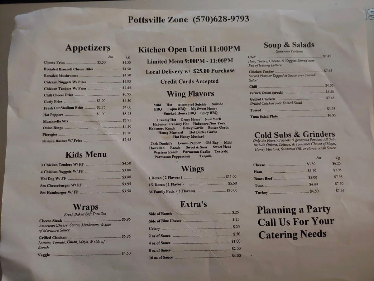 Menu at Pottsville Zone pub & bar, Pottsville
