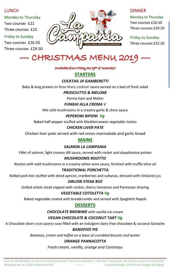 Menu at La Campania restaurant, Arundel