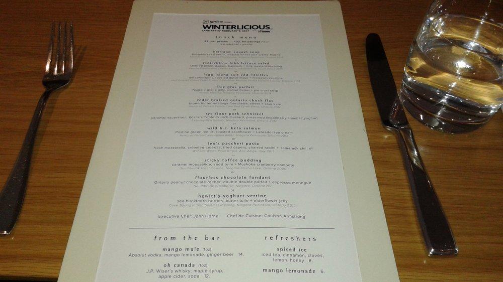 Menu at Canoe restaurant, Toronto