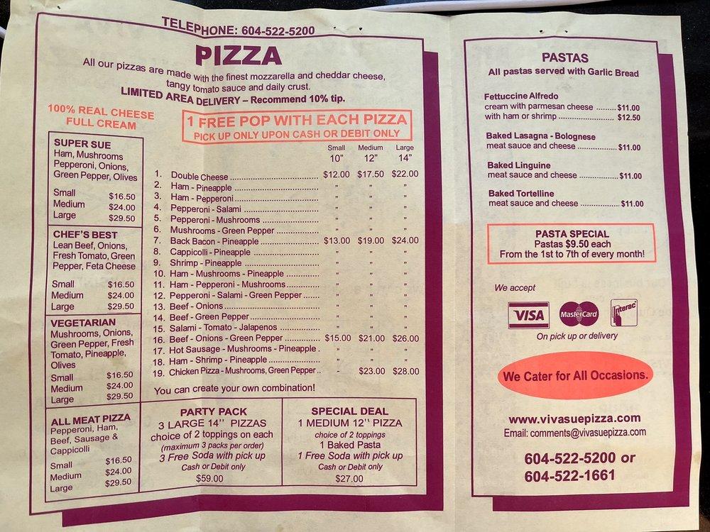 Menu at Viva Sue Pizza pizzeria, Burnaby