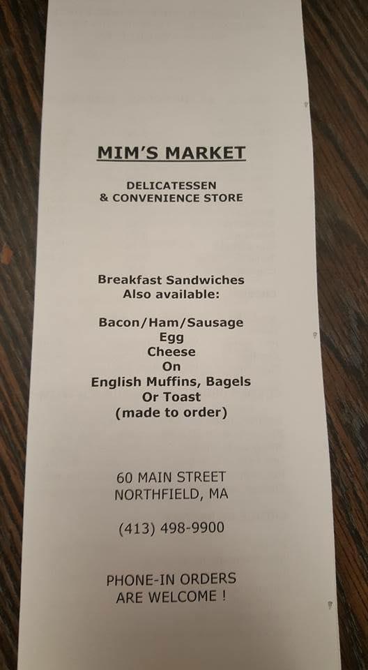 Menu at Mim's Market, Northfield