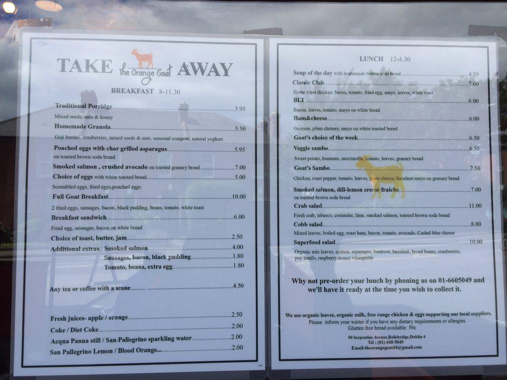 Menu at The Orange Goat Ballsbridge cafe, Dublin