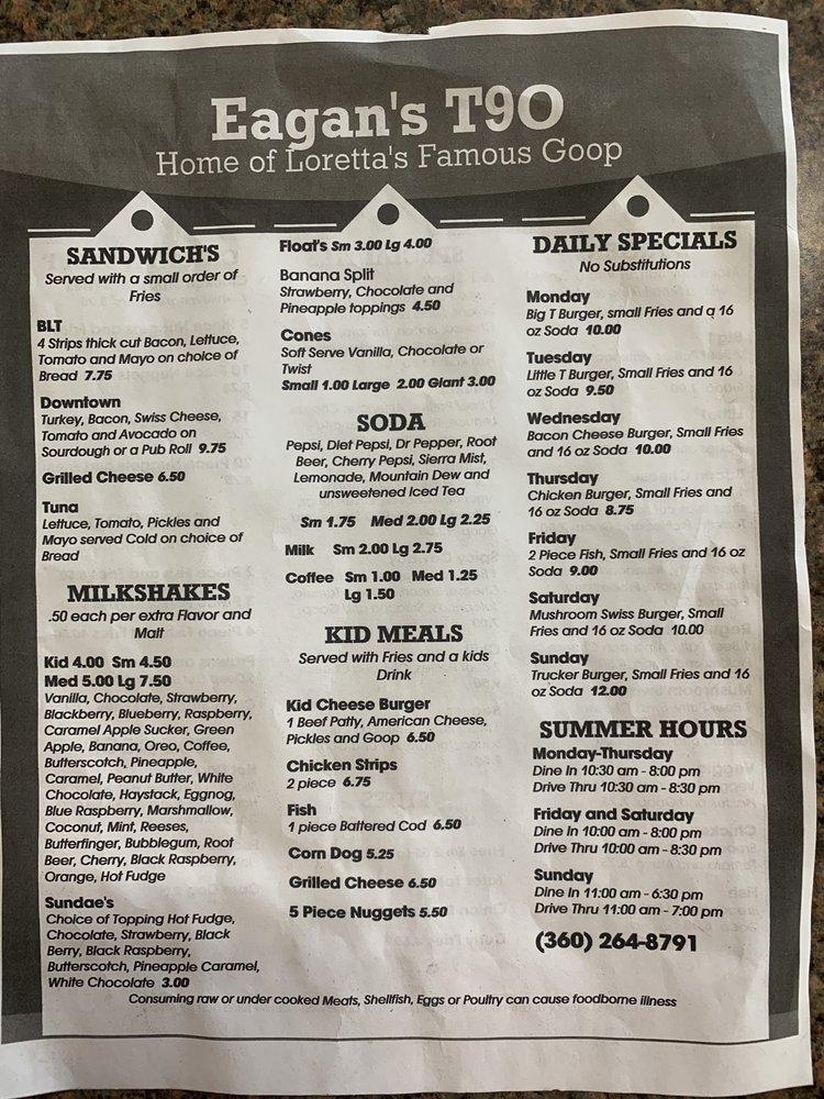 Menu at Eagans T90 restaurant, Tenino