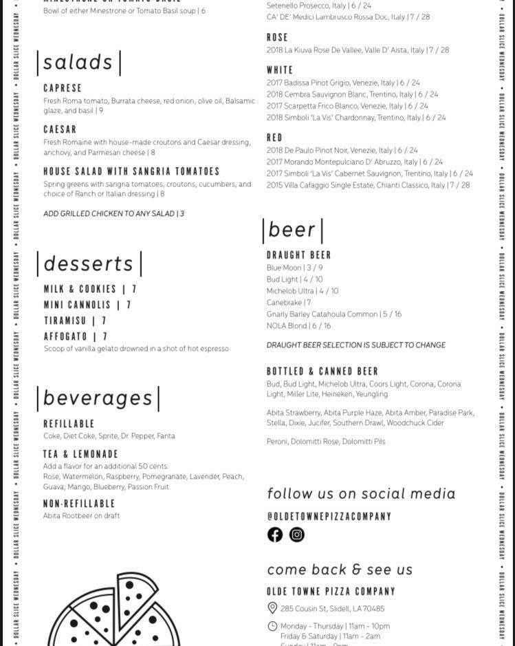 Menu at Olde Towne Pizza Company pizzeria, Slidell