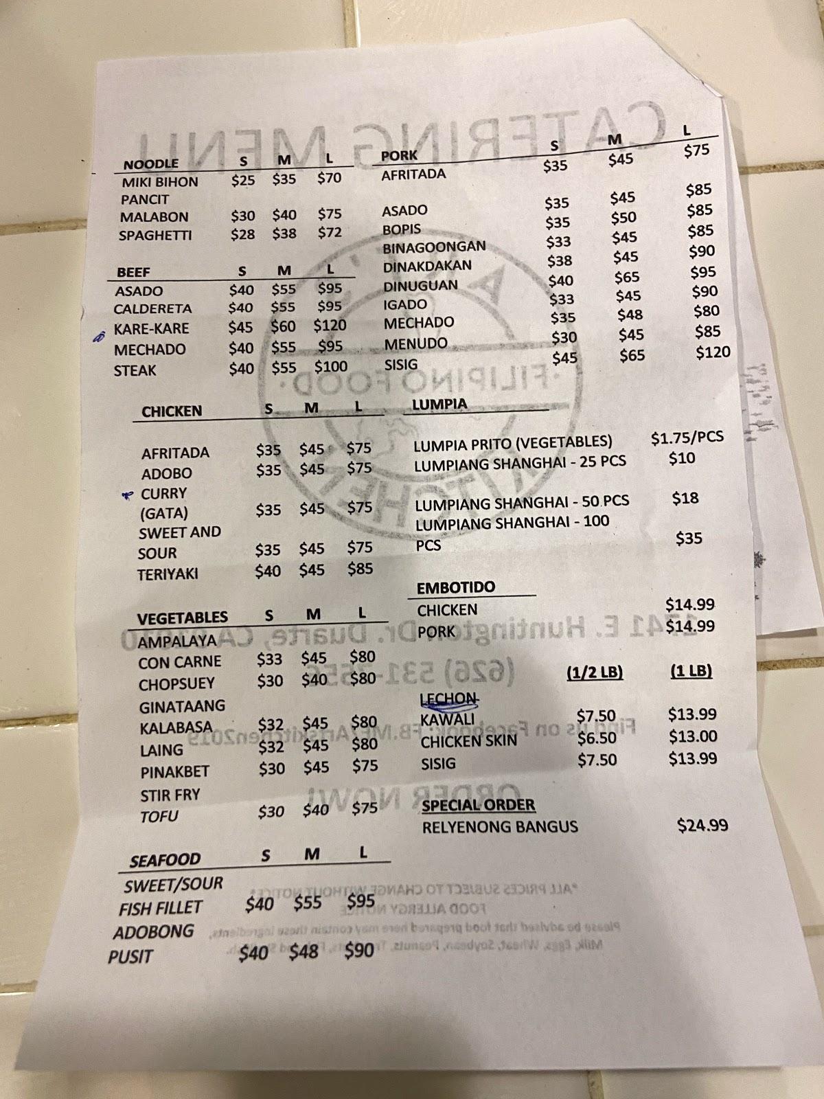 Menu at Art's Kitchen restaurant, Duarte