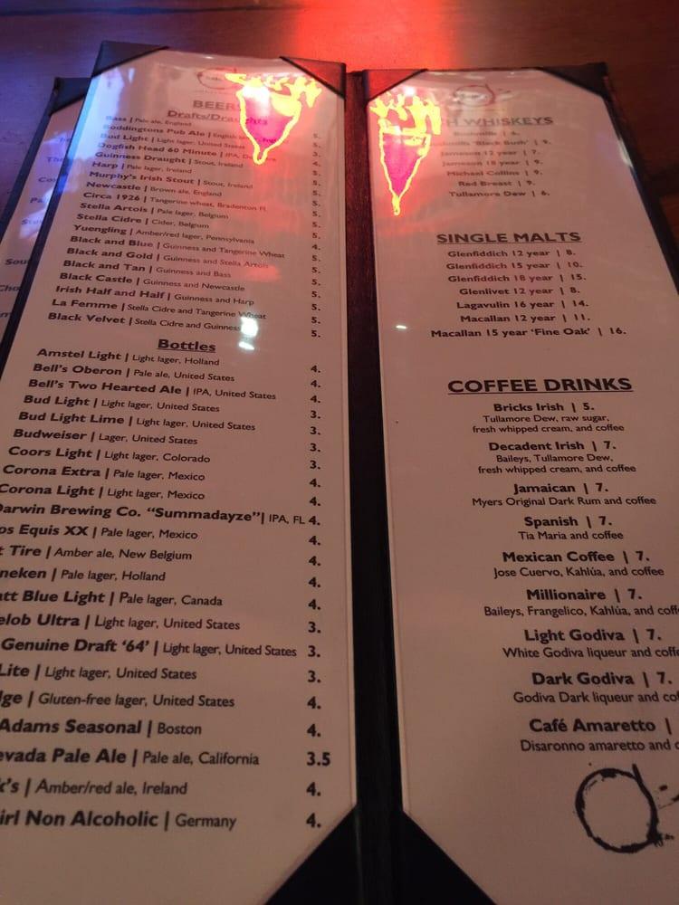 Menu at O'bricks Irish Pub & Martini Bar, Bradenton