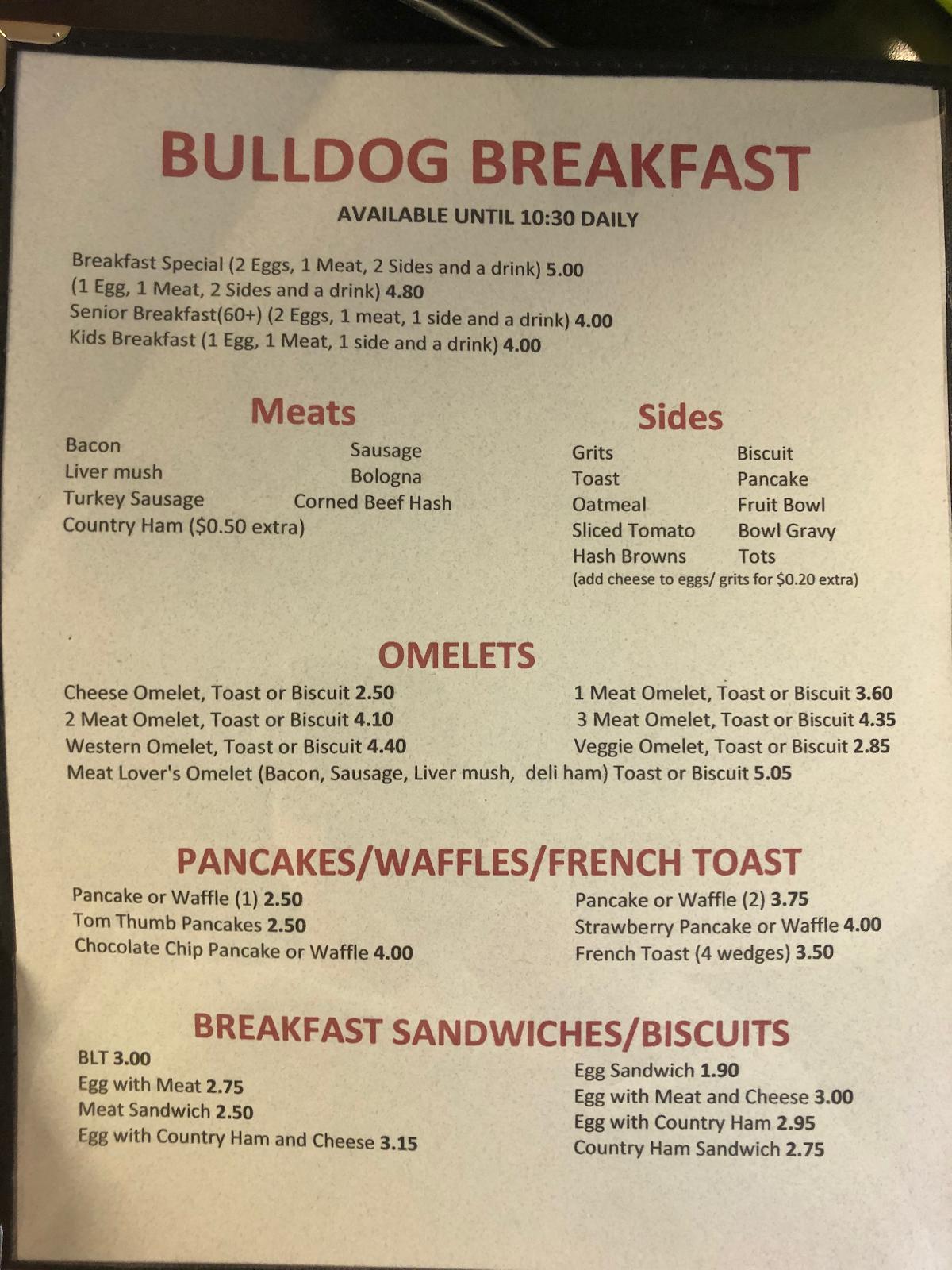 Menu at Bulldog QuikSnak restaurant, Boiling Springs