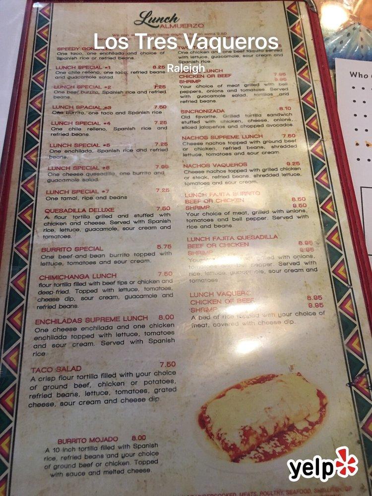 Menu at Los Tres Vaqueros restaurant, Raleigh, Falls of Neuse Rd