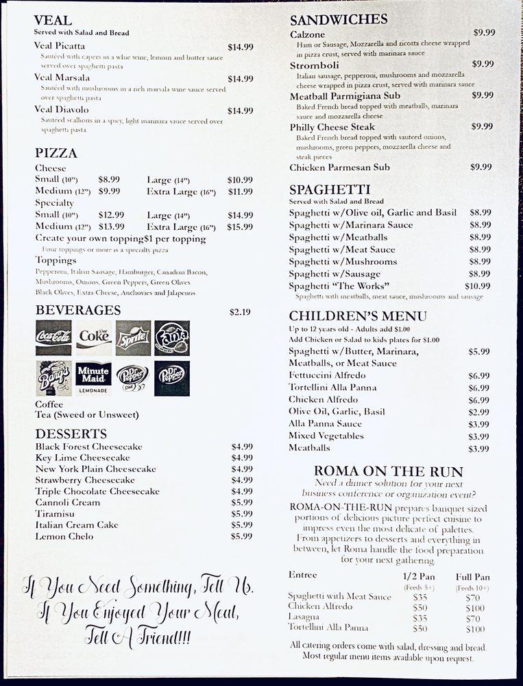 Menu at Roma Italian Restaurant, Hugo