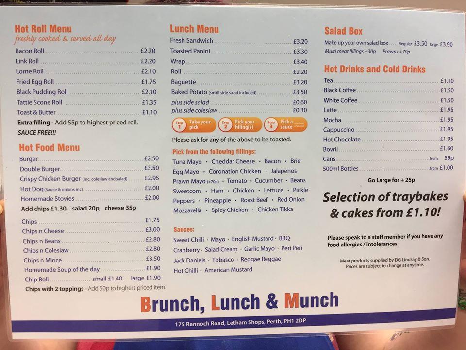 Menu at Brunch, Lunch & Munch cafe, Perth