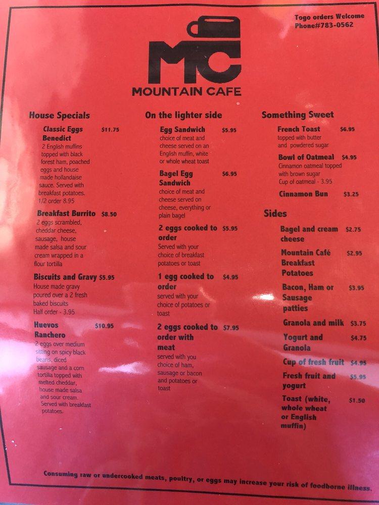 Menu at Mountain Cafe, Kellogg
