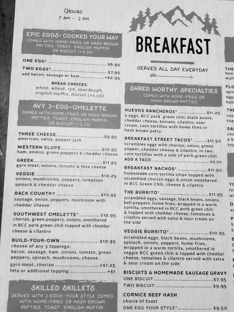Menu at Back Country Cafe, Gunnison