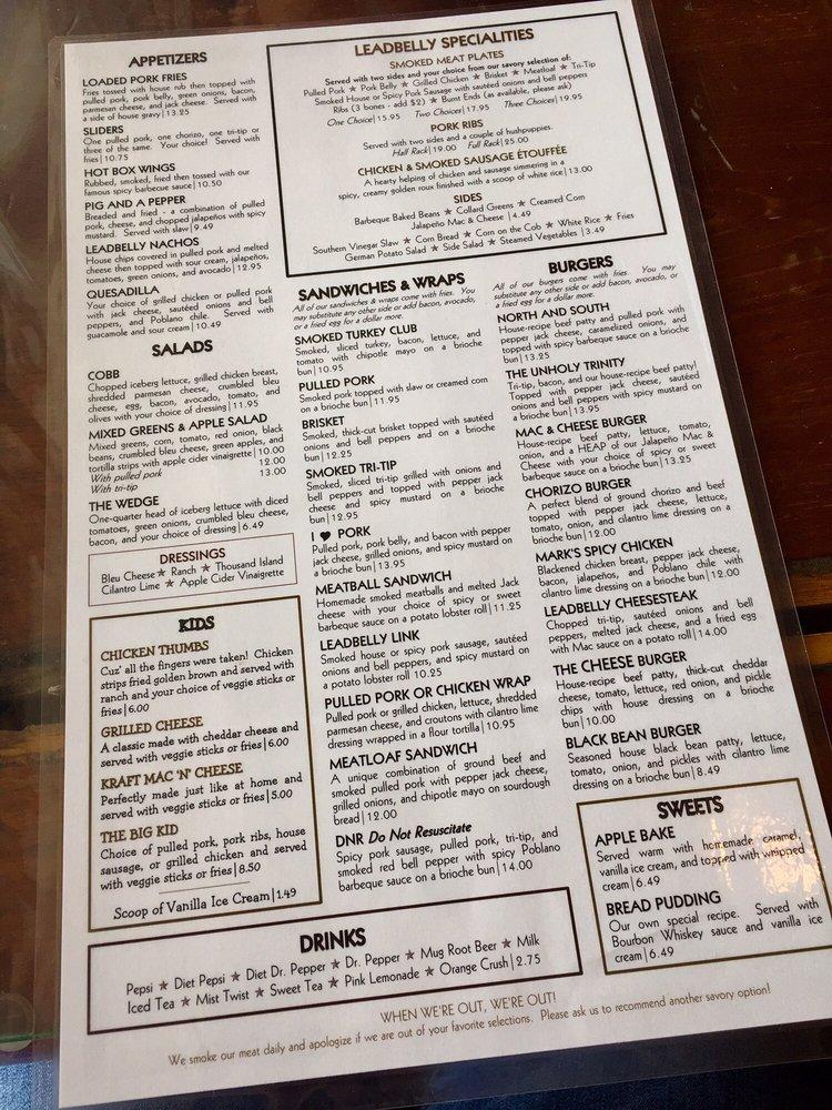 Menu at Leadbelly's Barbecue, Fullerton