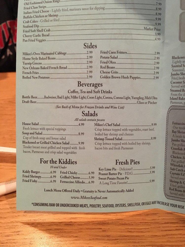 Menu at Mikee's Seafood restaurant, Gulf Shores