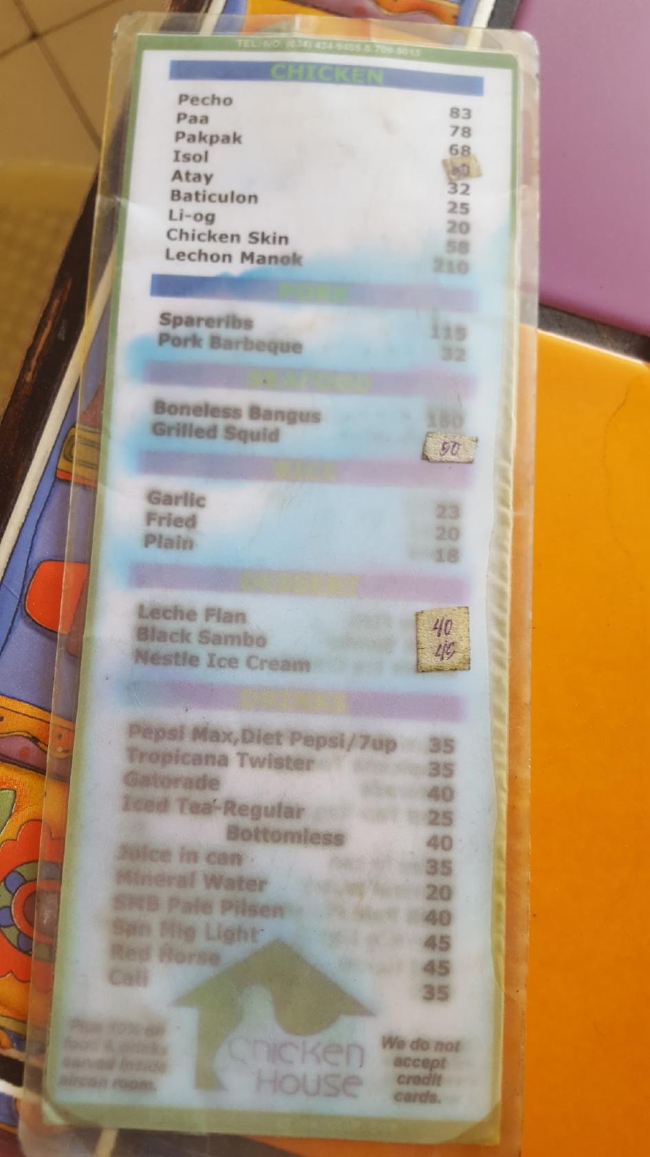 Menu at Chicken House Main Branch restaurant, Bacolod, 24th Lacson St