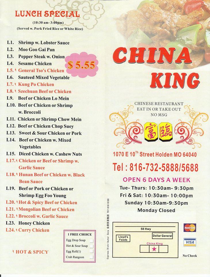 Menu at China King restaurant, Holden