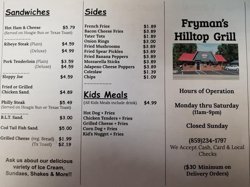 Menu at Hill Top Grill restaurant, Cynthiana