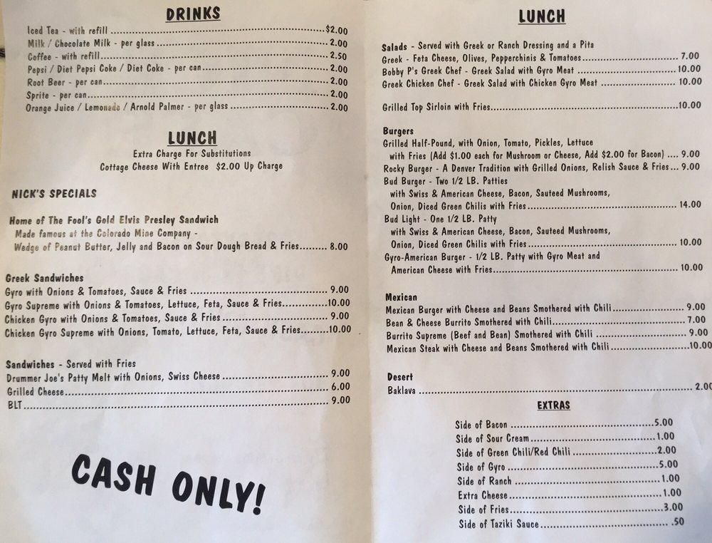 Menu at Nick's Cafe, Golden