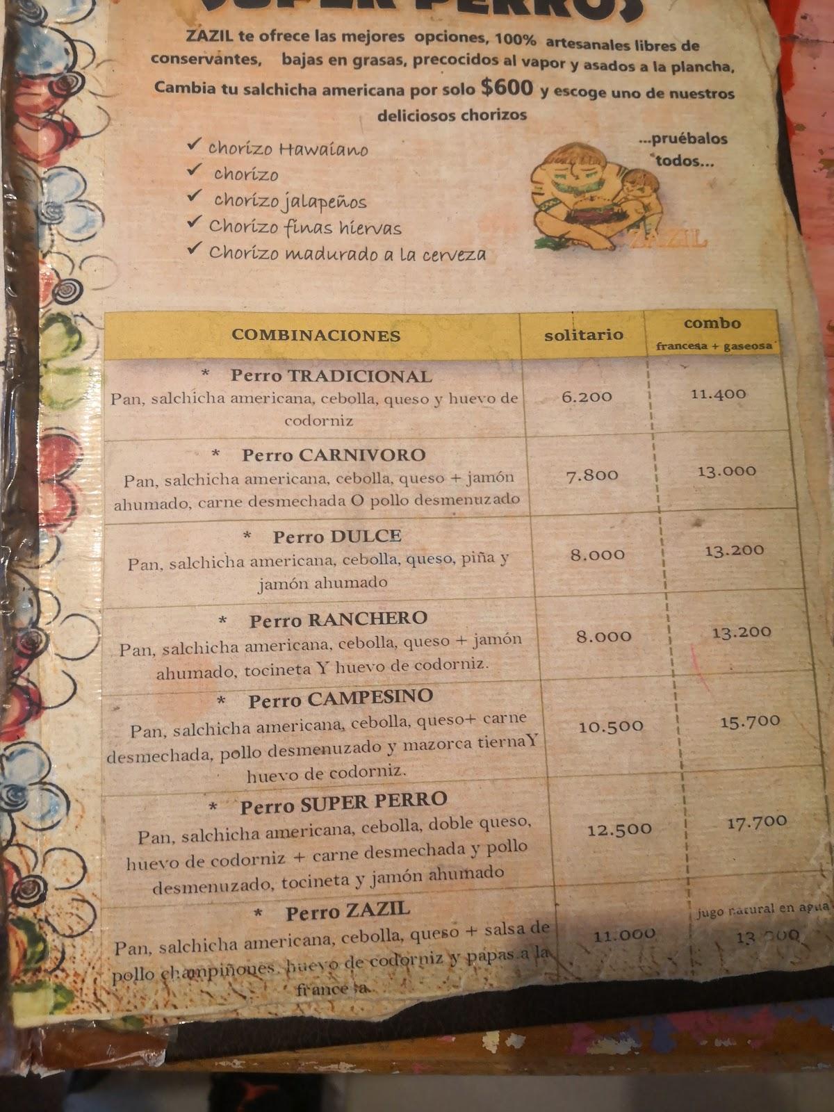 Menu at ZAZIL restaurant, Zipaquirá