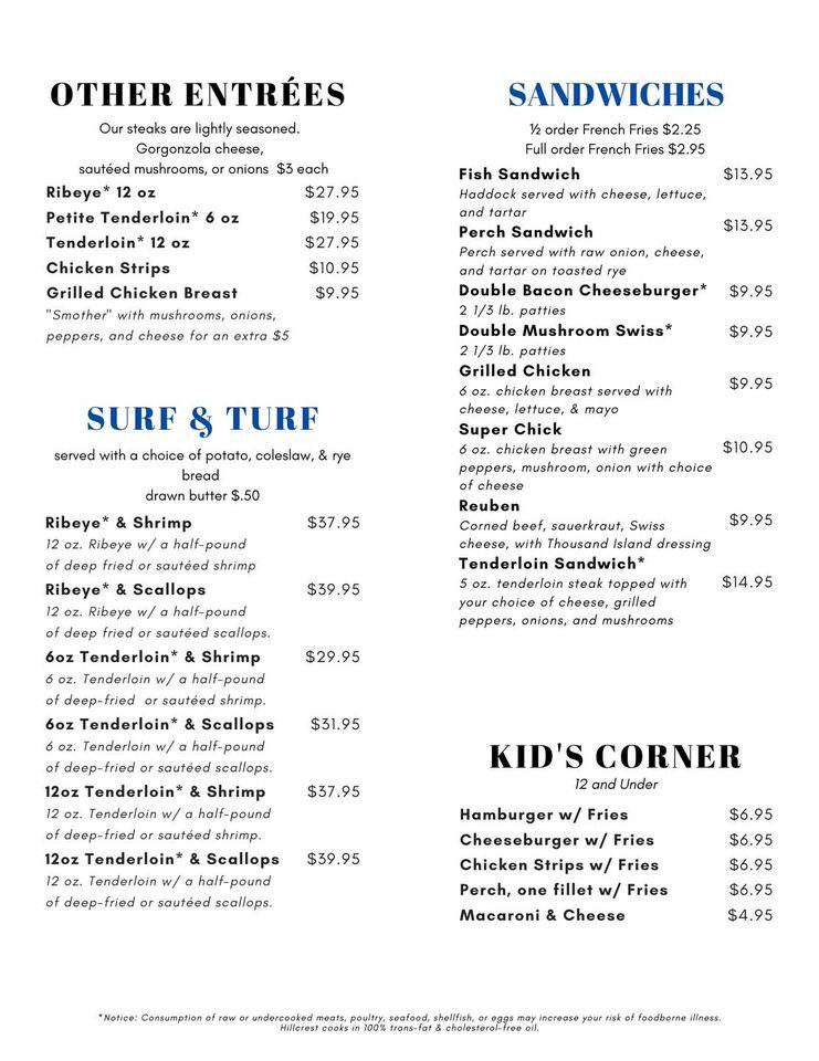 Menu at Hillcrest Lodge Supper Club, USA, Nicolet Rd