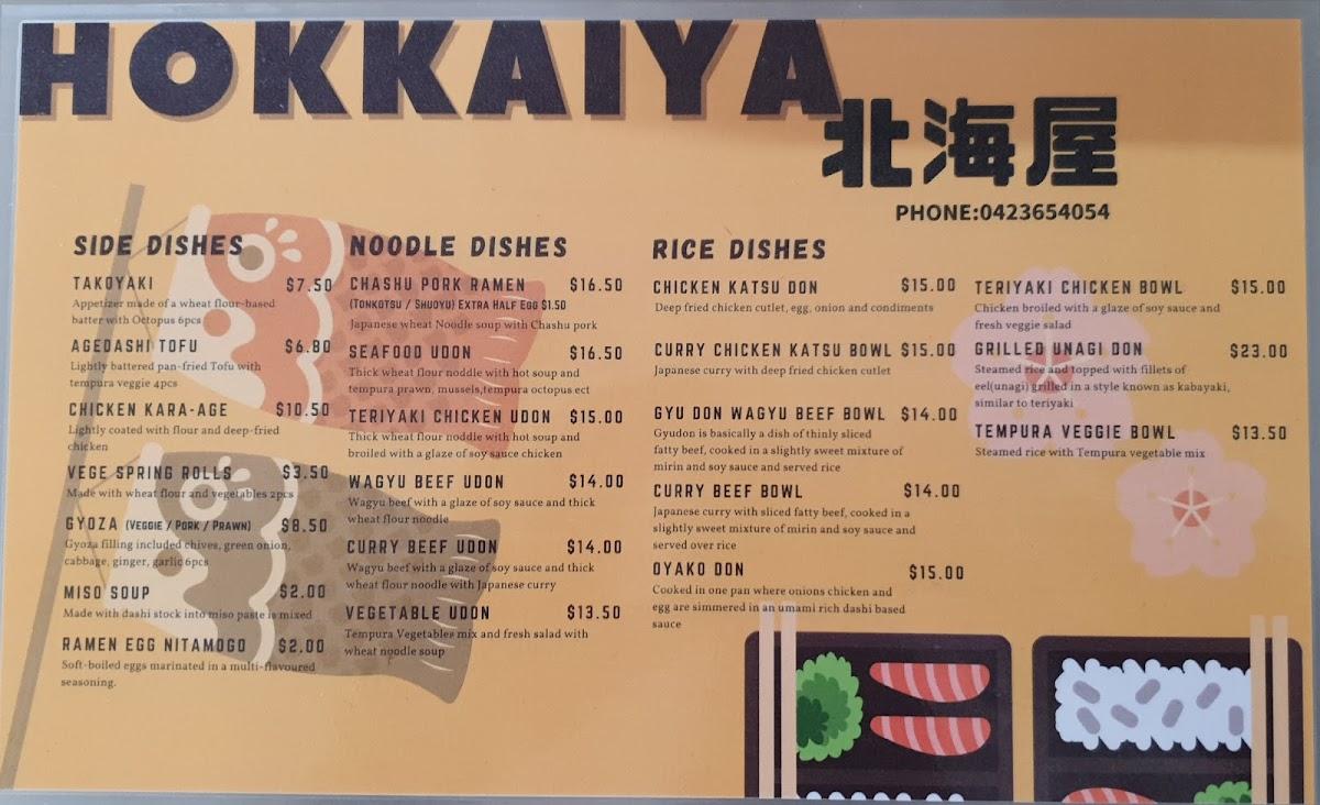 Menu at Hokkaiya Japanese Restaurant, Hamilton