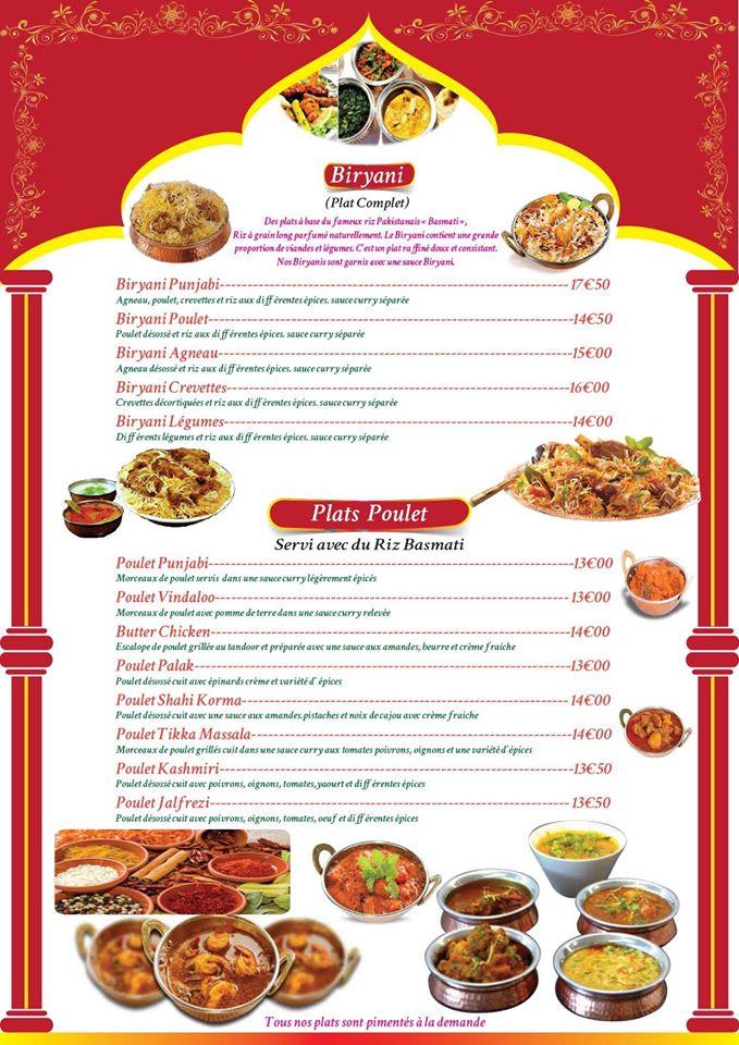 Menu at Punjab restaurant, Saintes