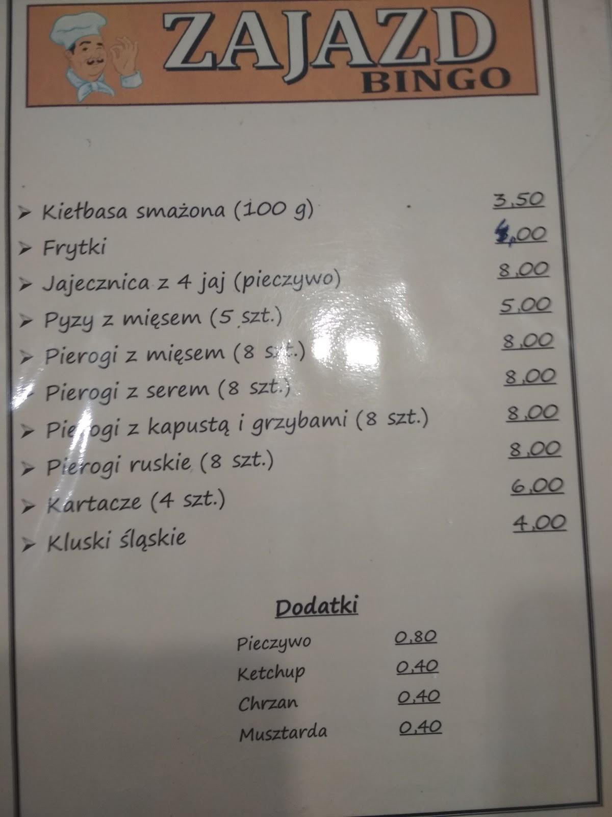 Menu at Bingo. Zajazd. Zaręba I. restaurant, Szczekociny