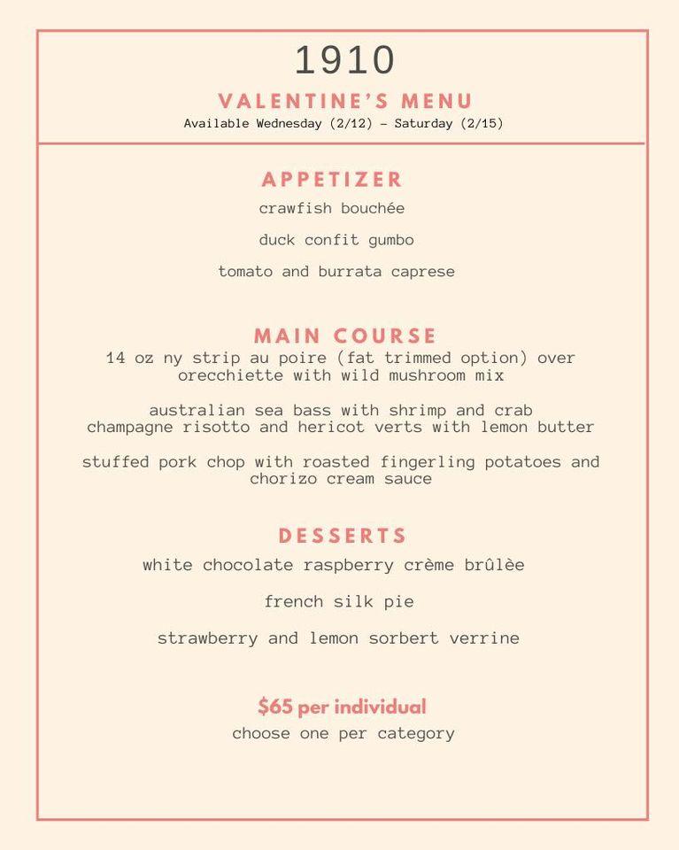 Menu at 1910 restaurant, Lake Charles