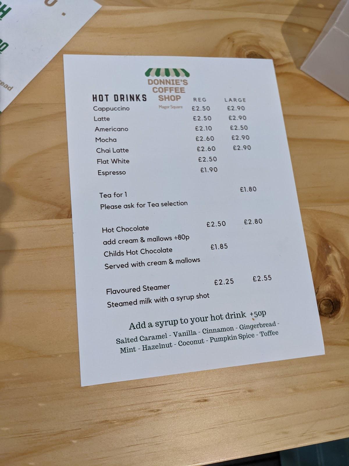 Menu at Donnie's Coffee Shop cafe, Magor, Post Office Cottage