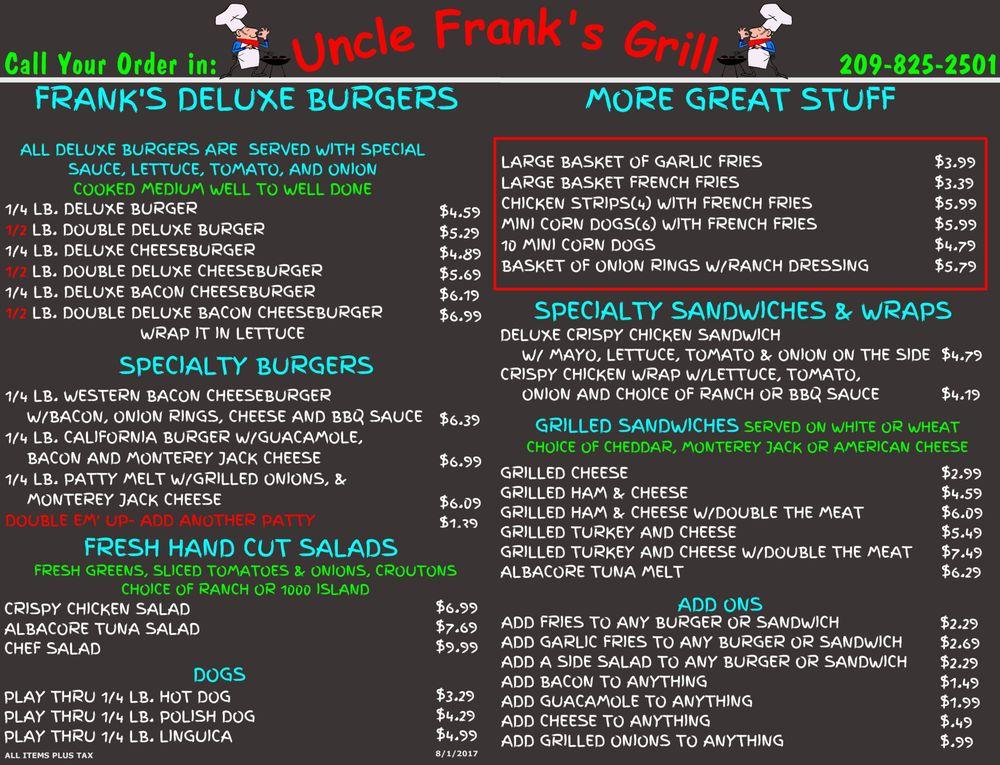 Menu at Uncle Frank's Grill restaurant, Manteca