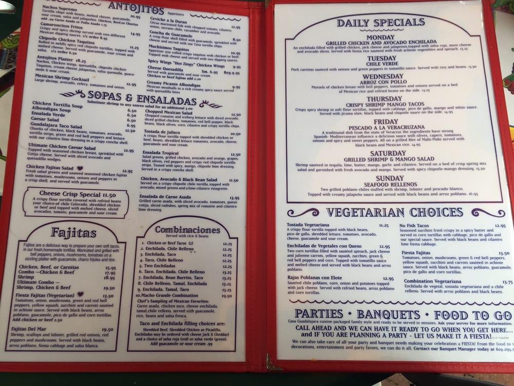 Menu at Casa Guadalajara restaurant, San Diego