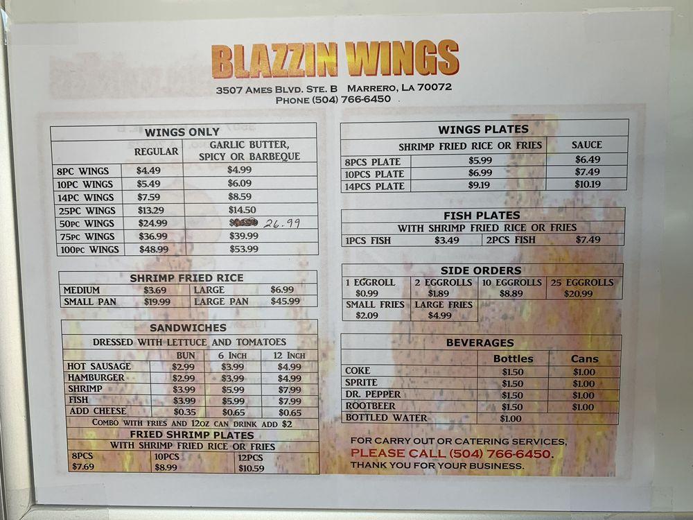 Menu at BLAZZIN WINGS restaurant, Marrero