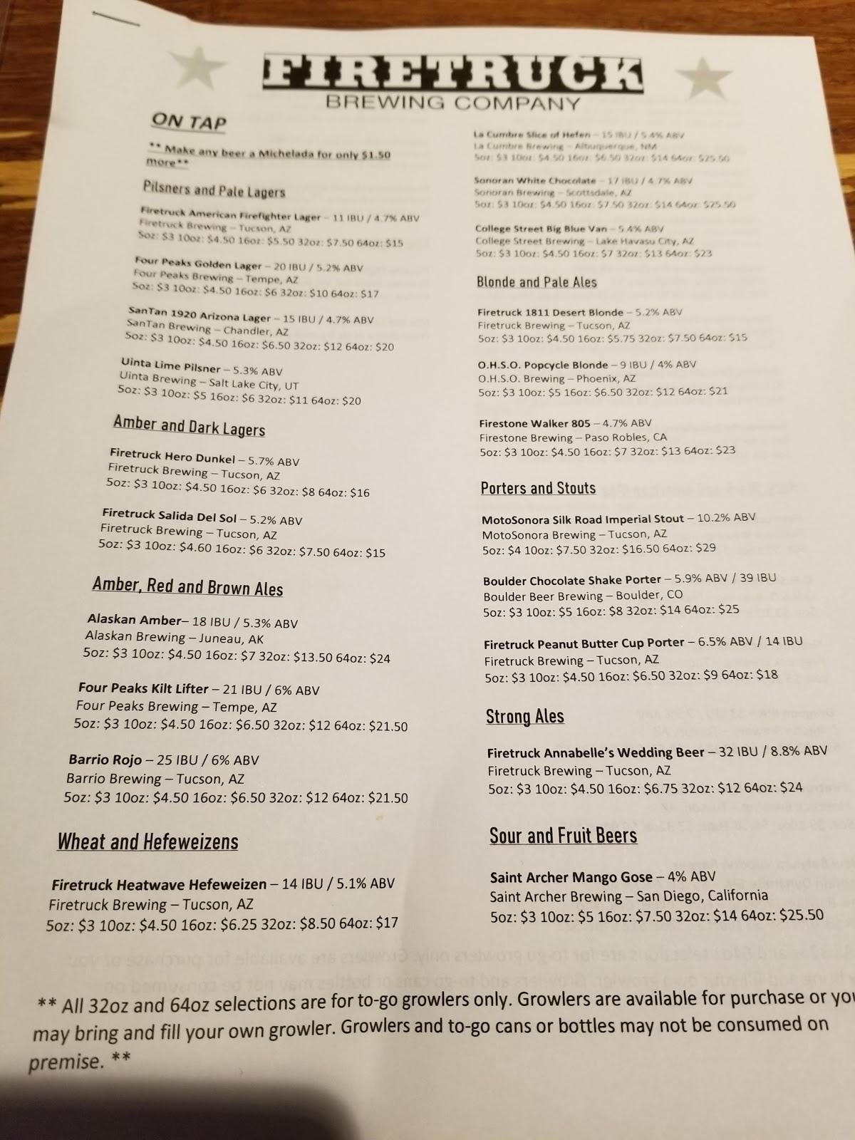 Menu at Firetruck Brewing Company BBQ, Oro Valley, N Oracle Rd 110