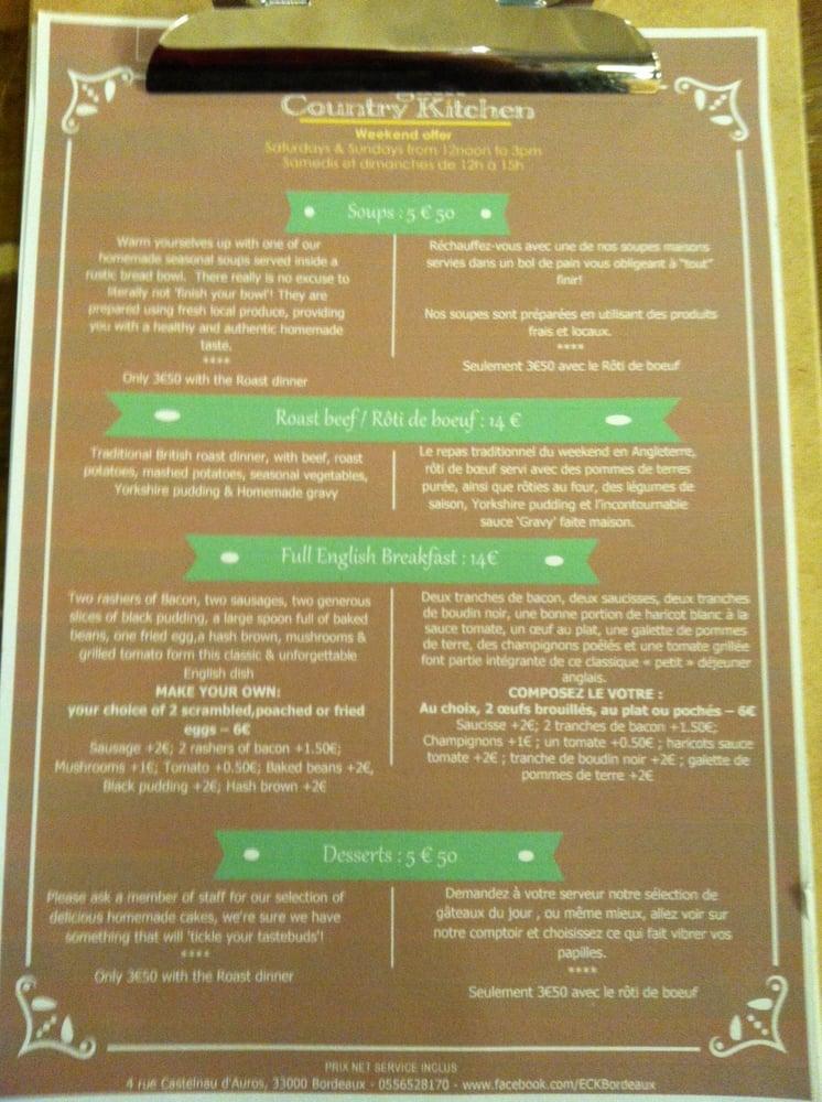 Menu at English Country Kitchen restaurant, Bordeaux