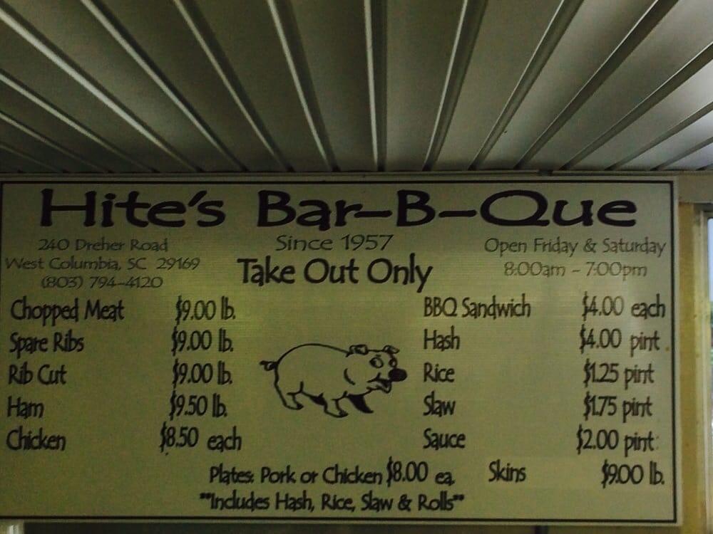 Menu at Hite's BarBQue, West Columbia