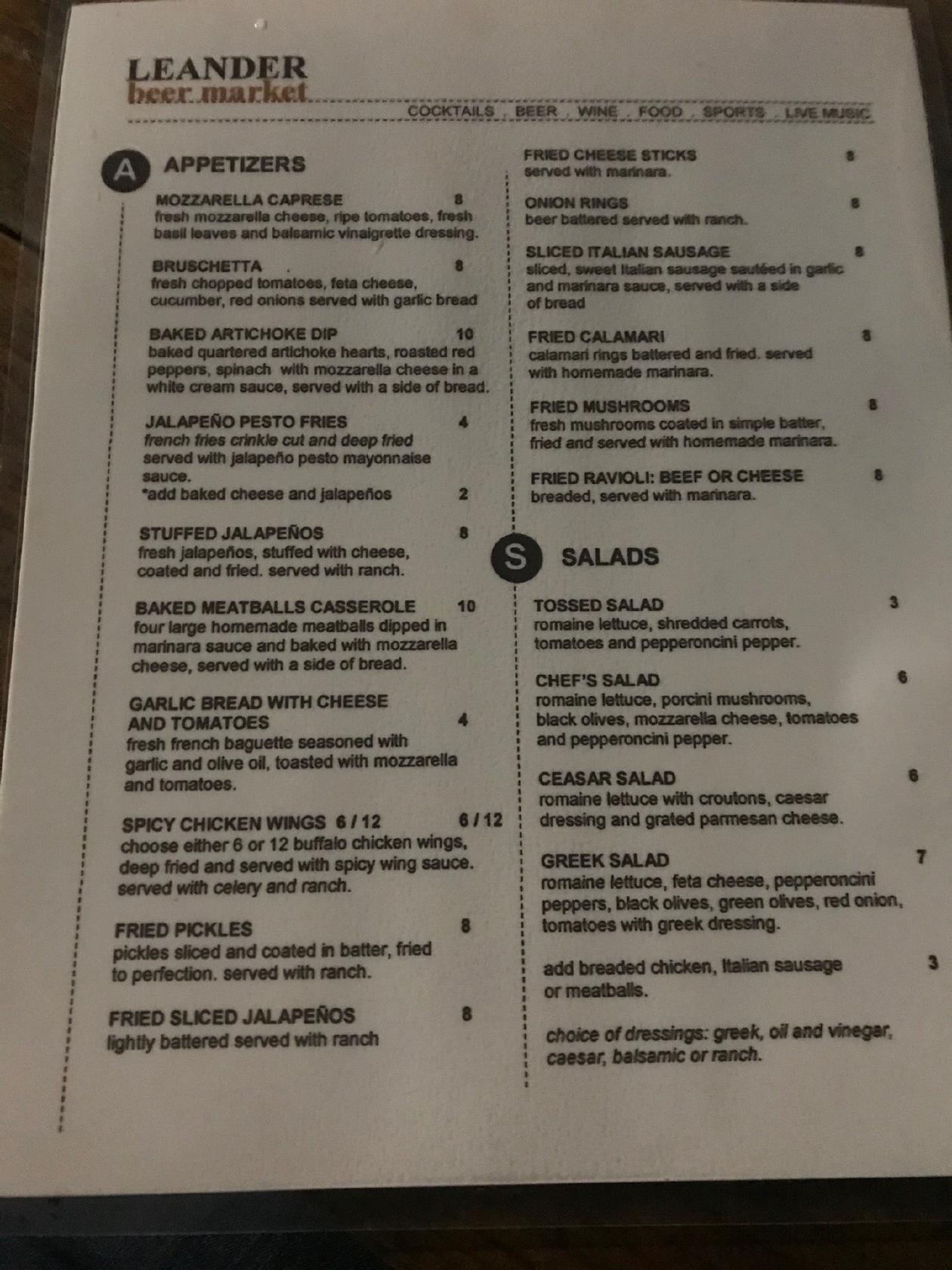 Menu at Leander Beer Market pub & bar, Leander, 106 W Willis St