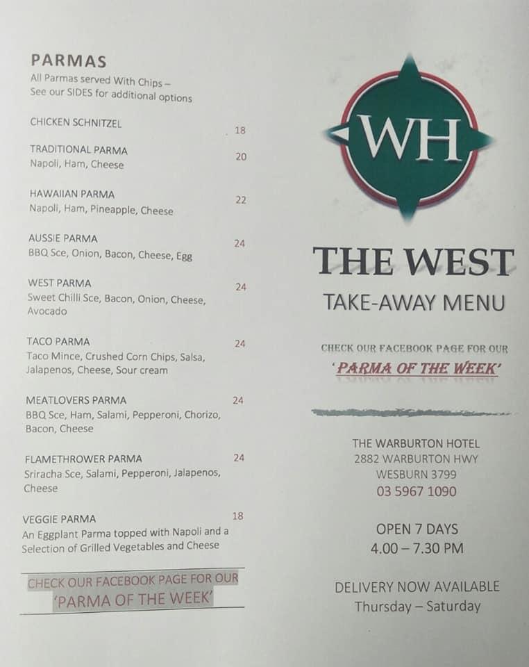 Menu at The Warburton Hotel, Wesburn Bar & Bistro (The West), Wesburn
