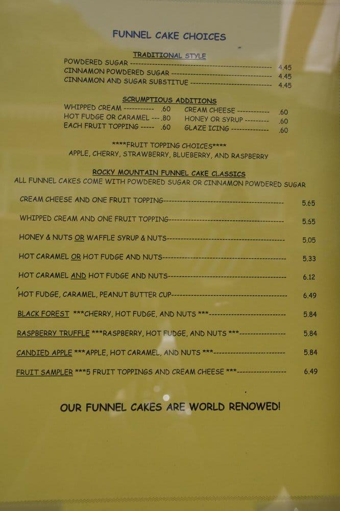 Carta del postres Rocky Mountain Funnel Cake Factory, Silverton