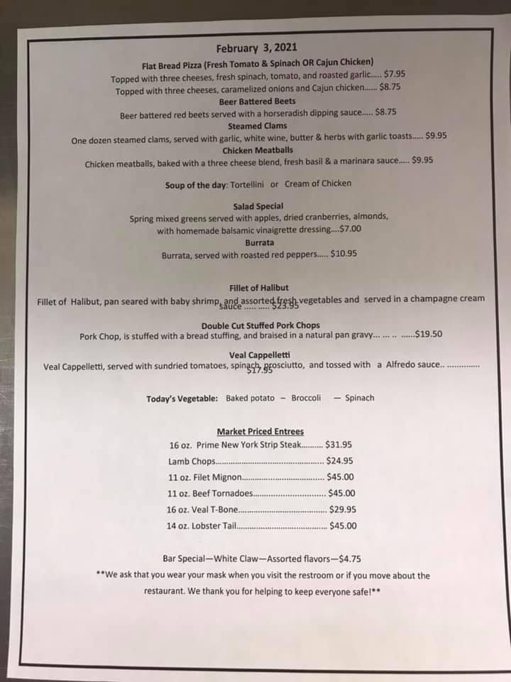 Menu at Sibio's restaurant, Dunmore