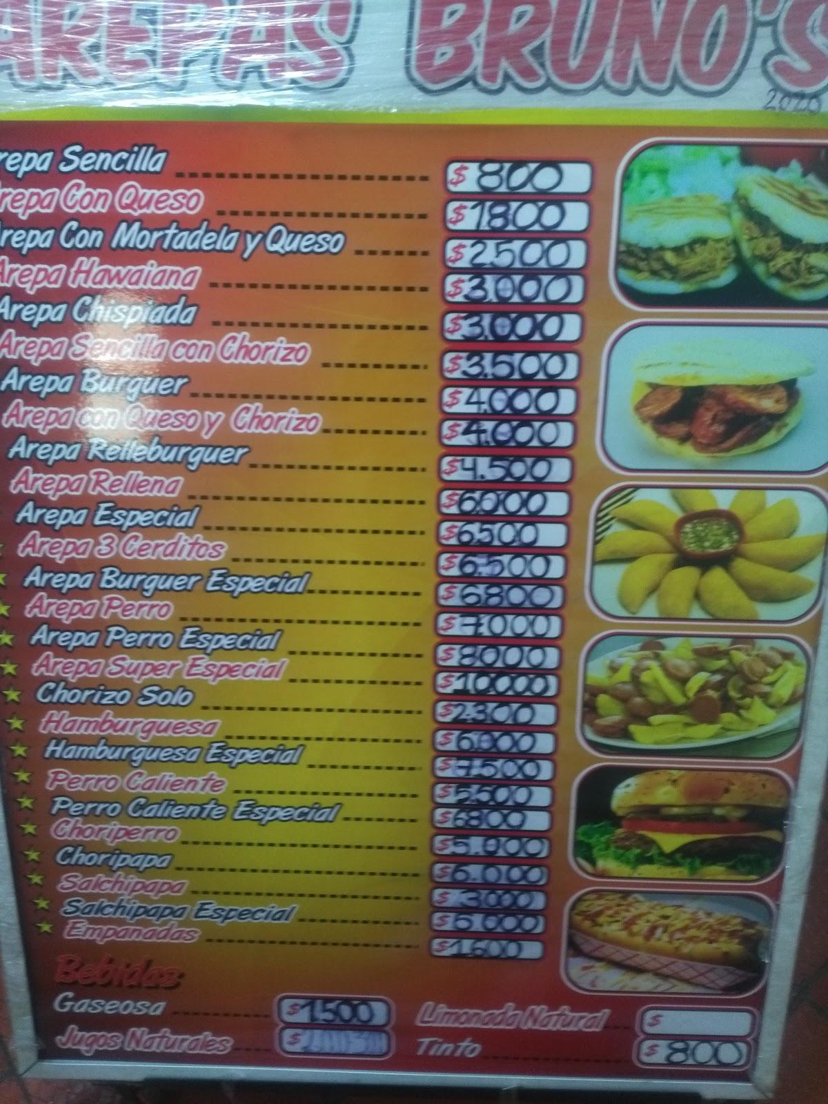 Menu at Arepas Bruno's cafe, Bogotá