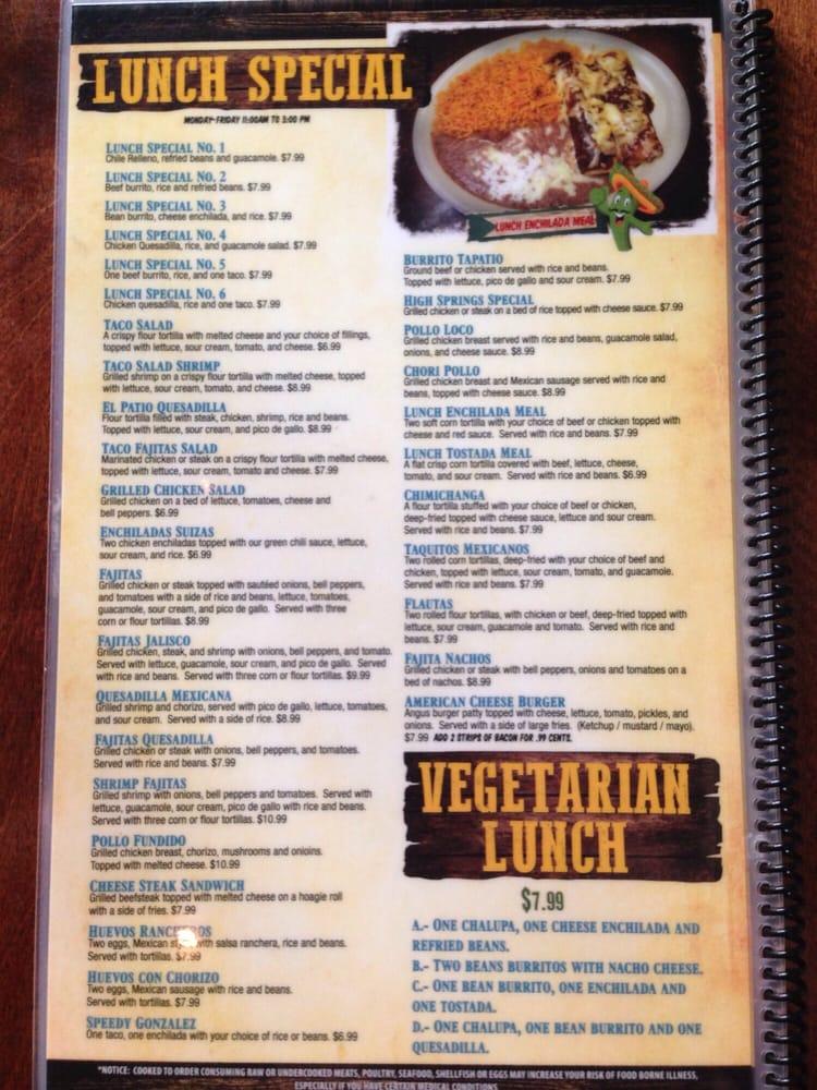 Menu at El Patio restaurant, High Springs