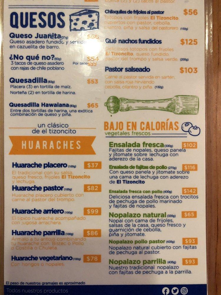 Menu at El Tizoncito restaurant, Ciudad López Mateos, Hamburgo 70 - A