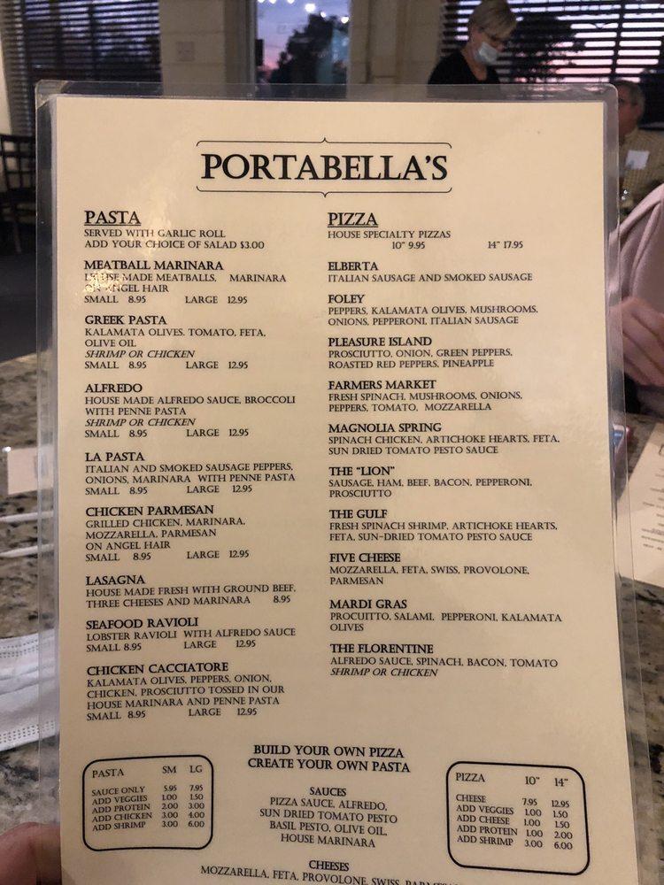 Menu at Portabella's pizzeria, Foley