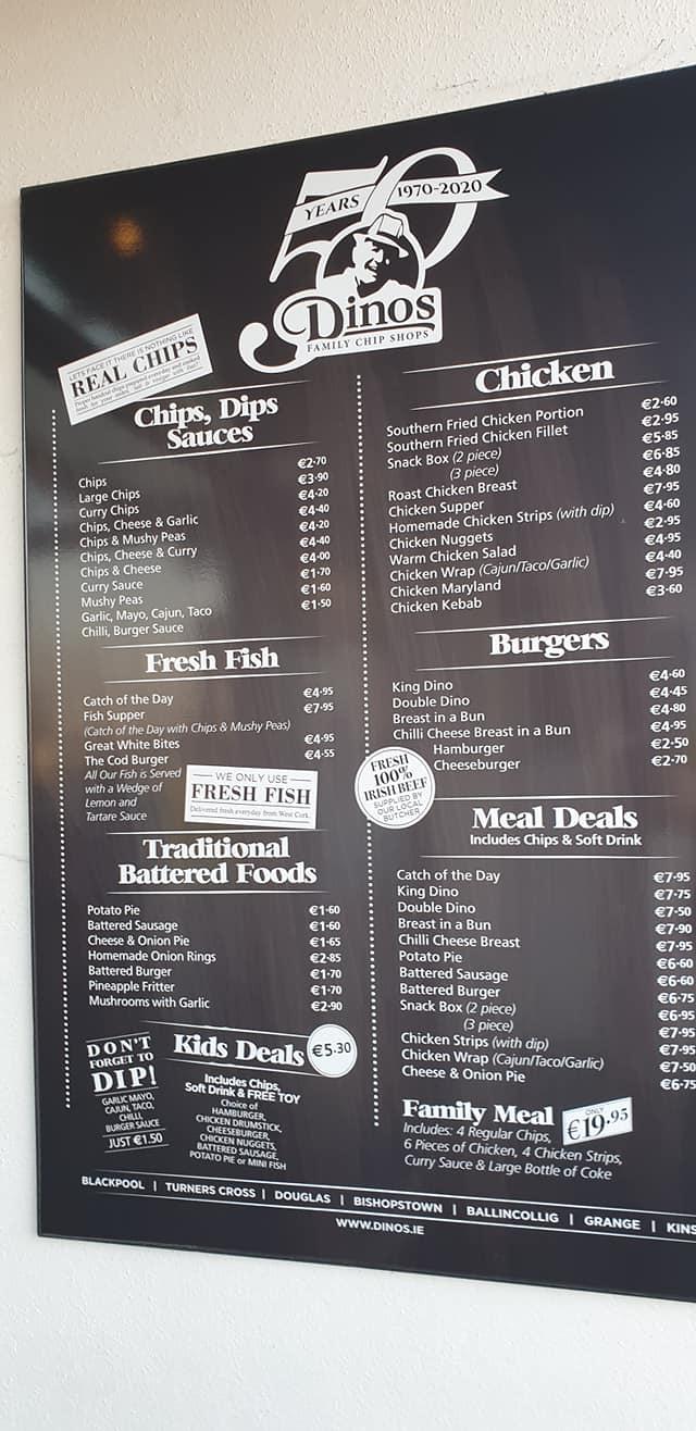 Menu at Dinos restaurant, Kinsale