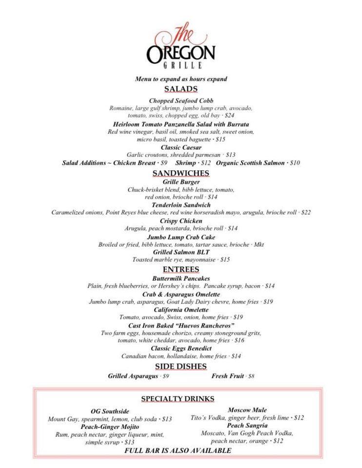 Menu at The Oregon Grille steakhouse, Cockeysville